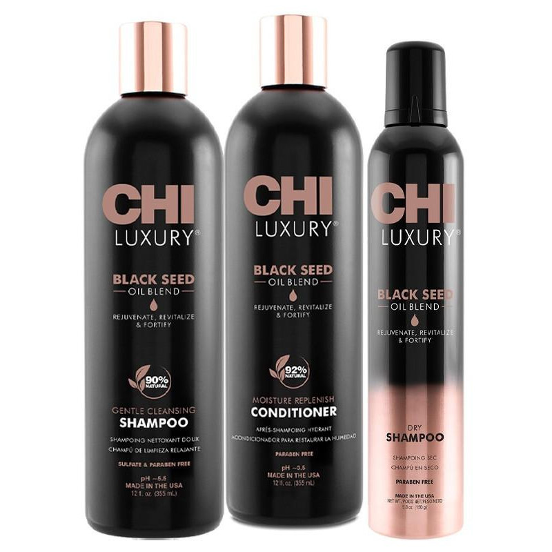 Shampoo all'olio di semi neri di lusso CHI + balsamo + trio di shampoo a  secco